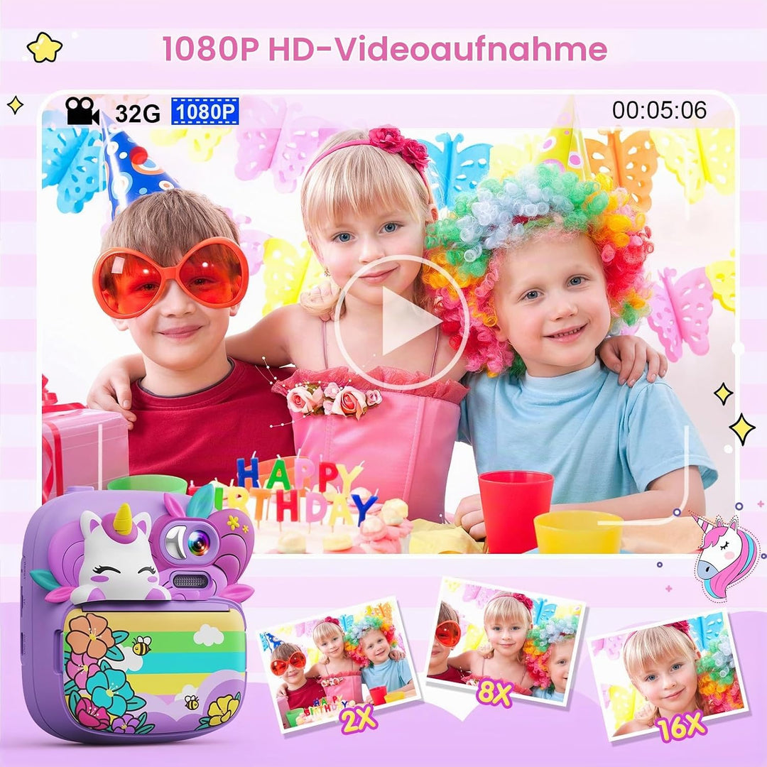 TIATUA Kinderkamera Sofortbildkamera, 1080P 2,4 Zoll Sofortbildkamera Kinder mit 32G Karte und 3 Rol