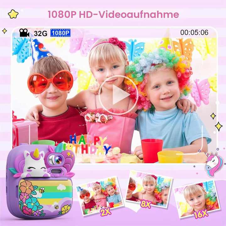TIATUA Kinderkamera Sofortbildkamera, 1080P 2,4 Zoll Sofortbildkamera Kinder mit 32G Karte und 3 Rol