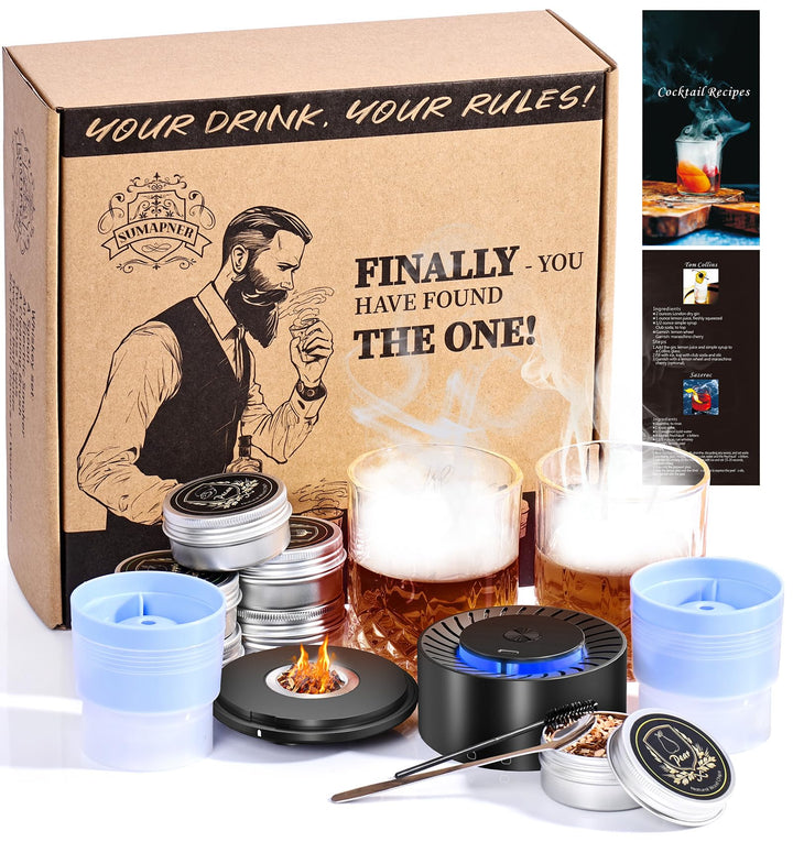 Electric Whiskey Smoker Set mit 2 Glasses, 6 Geschmacksrichtungen Holzspäne, 2 Eisball-Formen, Cockt
