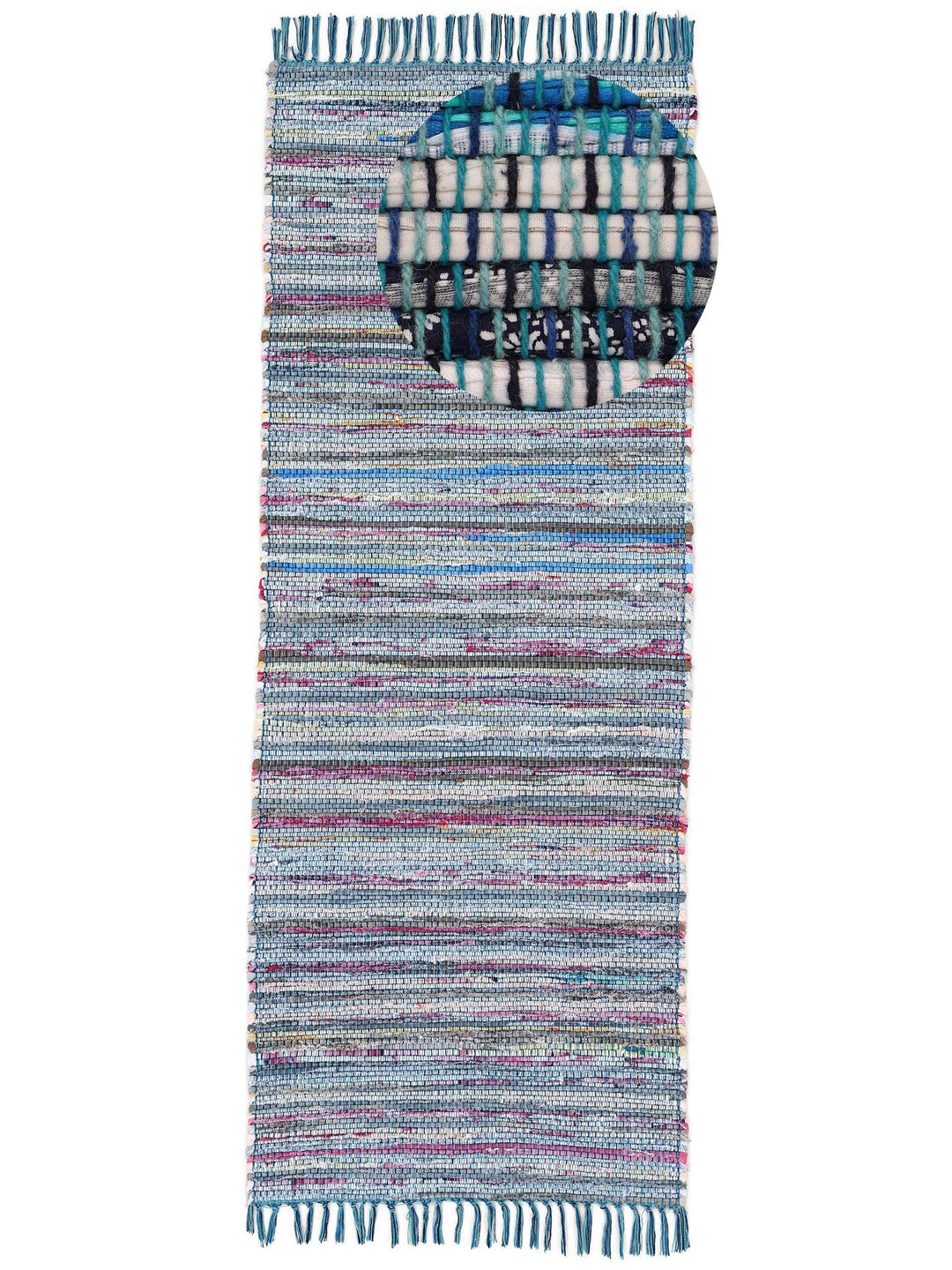 carpetfine Flickenteppich Kelim Chindi Läufer Blau 60x180 cm | Fleckerlteppich aus Baumwolle für Woh