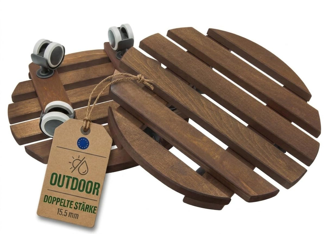 Pflanzenroller Outdoor Rund Ø 30 cm | 2er-Set Blumentopf Untersetzer mit Rollen aus FSC-Erlenholz, b