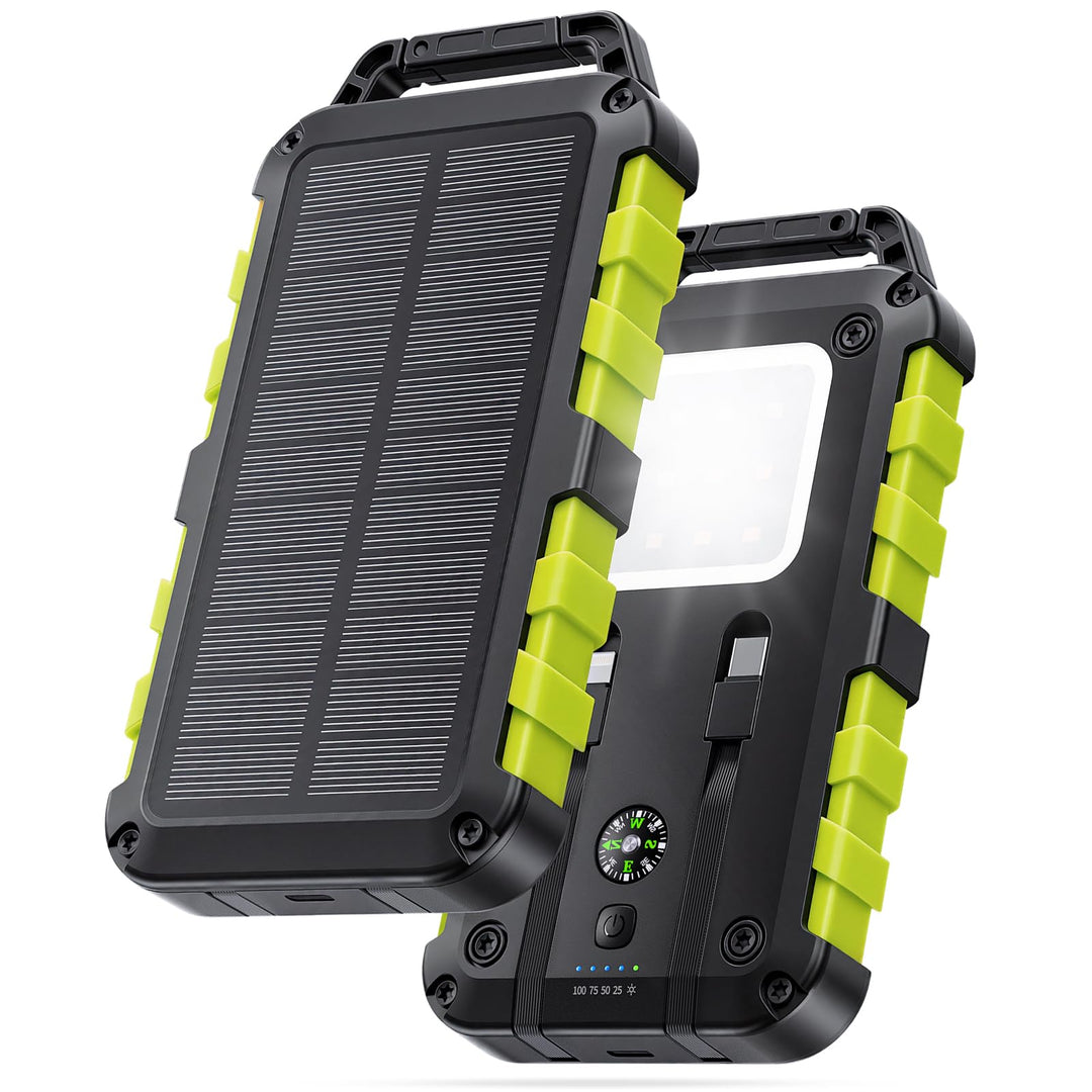 Solar Powerbank 10000mAh PD 22,5W Schnellladung IPX6 Wasserdicht, 3 Ausgangsports, LED-Leuchte mit 3