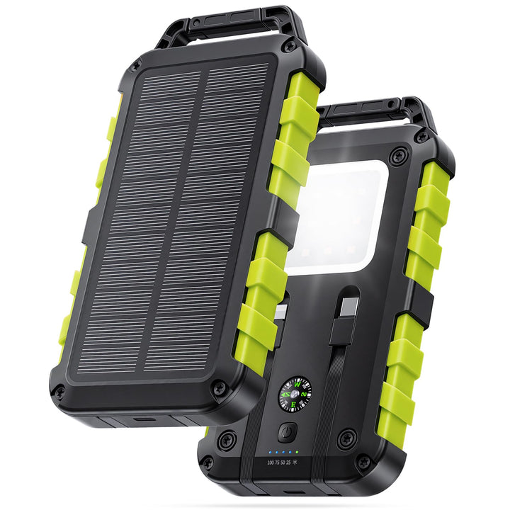Solar Powerbank 10000mAh PD 22,5W Schnellladung IPX6 Wasserdicht, 3 Ausgangsports, LED-Leuchte mit 3