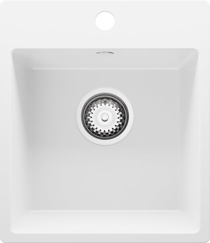 Spülbecken Weiss 38 x 44 cm, Granitspüle + Ablauf-Set, Küchenspüle für 40er Unterschrank, Einbauspül