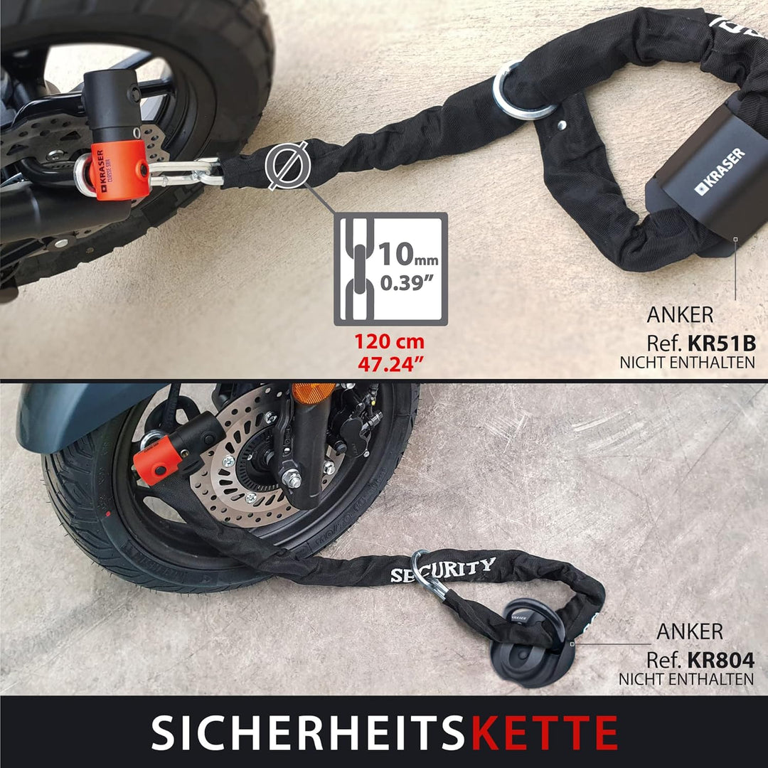 KRASER KR50+120L Motorradkette Diebstahlsicherung + Vorhängeschloss SRA Homologierte Anti-Diebstahl-