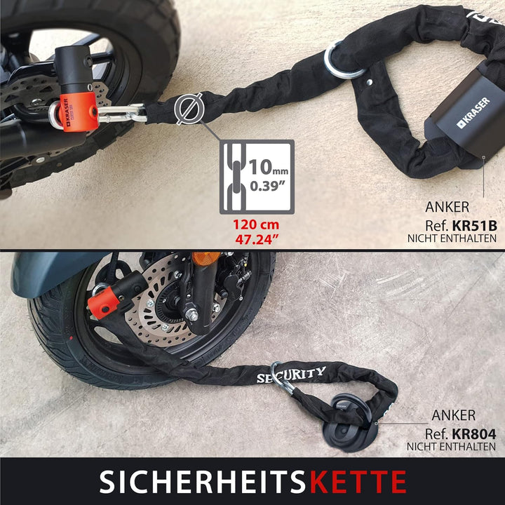 KRASER KR50+120L Motorradkette Diebstahlsicherung + Vorhängeschloss SRA Homologierte Anti-Diebstahl-