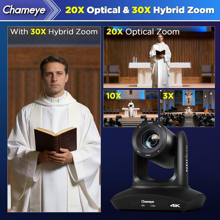 Chameye 4K PTZ Kamera NDI HX KI-Tracking 20x Optischer Zoom, mit HDMI/USB3.0/LAN(PoE), für LIve-Gott