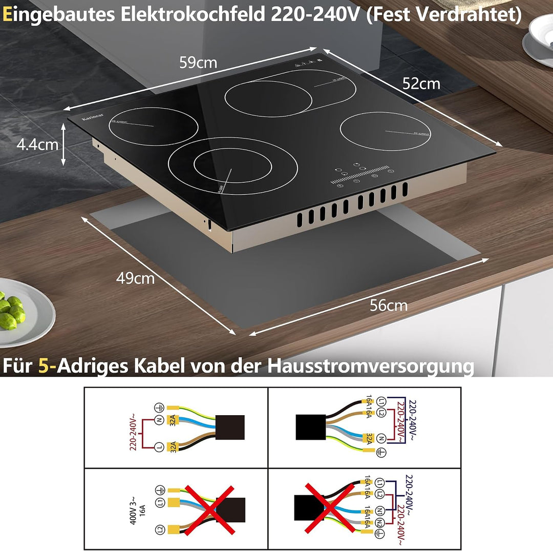 Karinear Glaskeramikkochfeld 4 Platten Einbau mit mit Ovalbrenner, Elektrokochfeld 60 cm mit Slider-