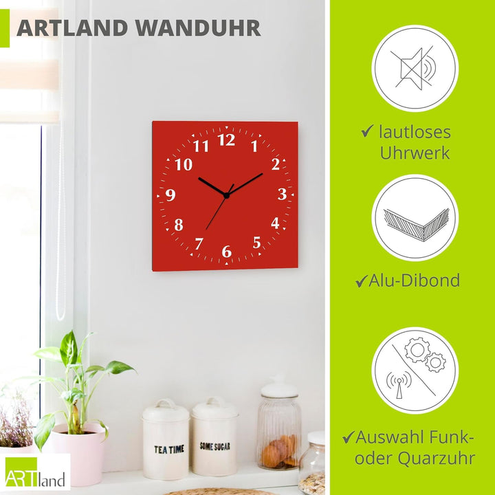 ARTLAND Wanddeko Wanduhr ohne Tickgeräusche Alu Quarzuhr 30x30 cm Quadratisch Lautlos 12 Ziffern Far
