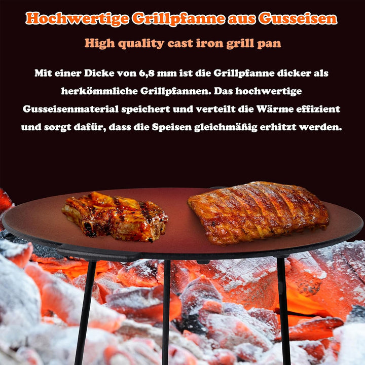 LZQ Gusseisengrillpfanne Rund Ø45cm, BBQ-Dreibein, Abnehmbare Grillplatte, Dutch Oven, Grillzubehör