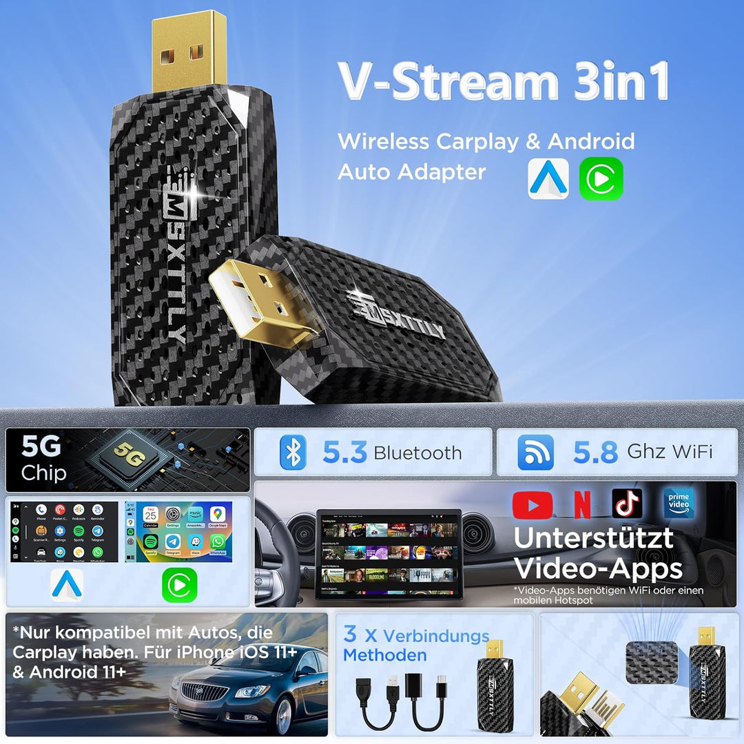 MSXTTLY Mini 3-in-1 Wireless CarPlay Android Auto Adapter, unterstützt Netflix, YouTube, TikTok und
