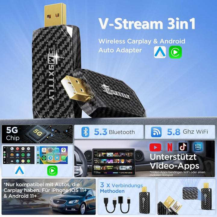 MSXTTLY Mini 3-in-1 Wireless CarPlay Android Auto Adapter, unterstützt Netflix, YouTube, TikTok und