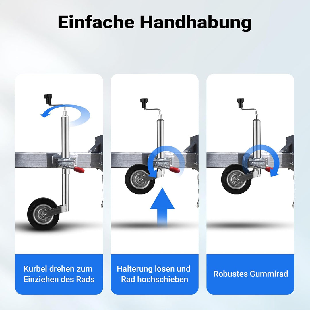 Wiltec Anhänger Stützrad mit 362 kg Stützlast ø48 mm, Bugrad mit Kurbel, Anhängerrad, Abstellstütze