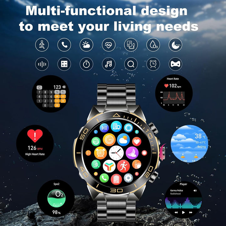 Smartwatch Herren mit Telefonfunktion, 1.44" AMOLED Uhren Herren mit IP68 Wasserdicht, Fitness Track