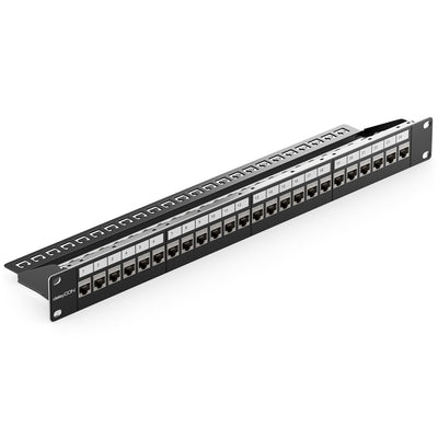 deleyCON 24 Port CAT 8 Patchpanel Set Verteilerfeld Patchfeld 19" Zoll 1 HE + 24x RJ45 Keystone Jack