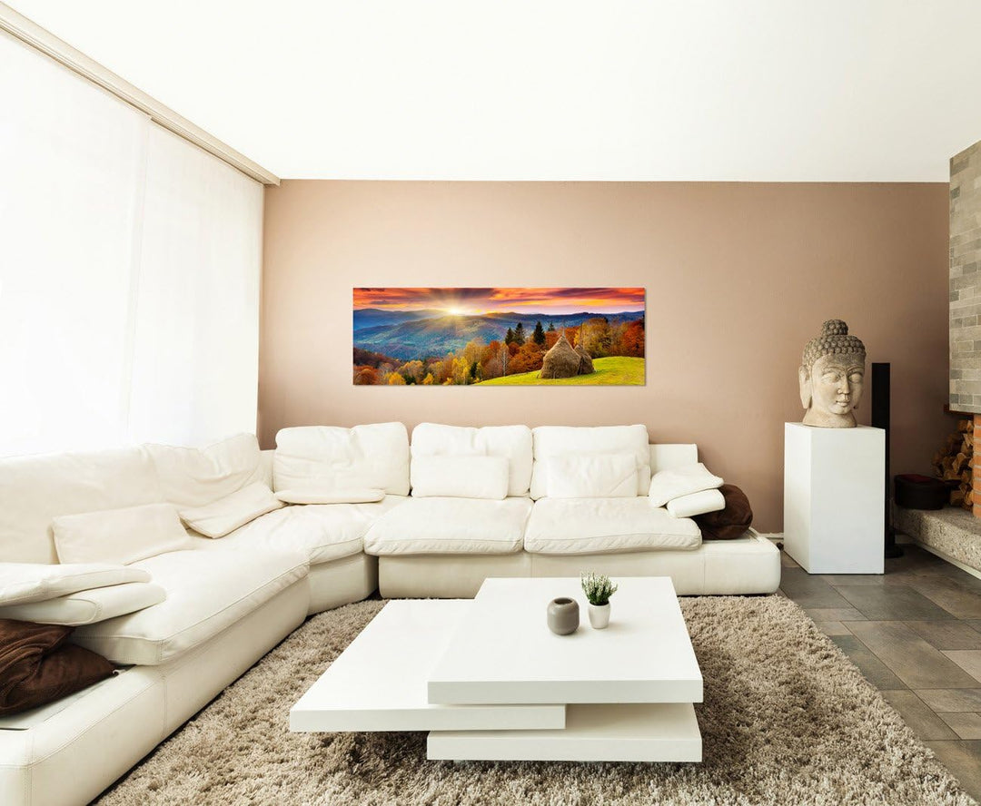 Paul Sinus Art Panoramabild auf Leinwand und Keilrahmen 120x40cm Wald Berge Wiese Herbst Sonnenunter