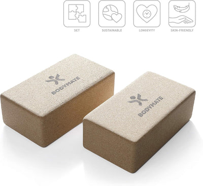 BODYMATE 2er Set Yoga Block aus Kork, Yogablöcke, Korkblock für Yoga, aus 100% ökologischem Kork, Tr