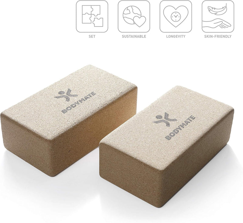 BODYMATE 2er Set Yoga Block aus Kork, Yogablöcke, Korkblock für Yoga, aus 100% ökologischem Kork, Tr