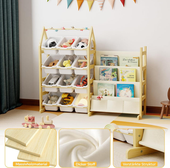 Bücherregal Kinder Spielzeug Aufbewahrung Regal Holz, mit 12 Boxen Spielzeug Regal Kinderzimmer, Mon