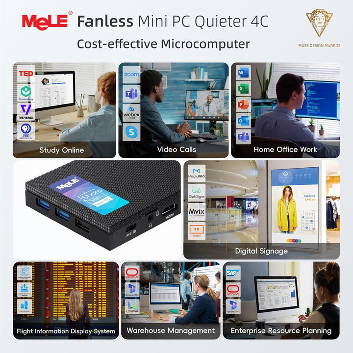 MeLE Mini PC Lüfterloser Quieter4C N150(4C/4T, bis zu 3.6Ghz) USB-C Display 8GB RAM 256GB Speicher D