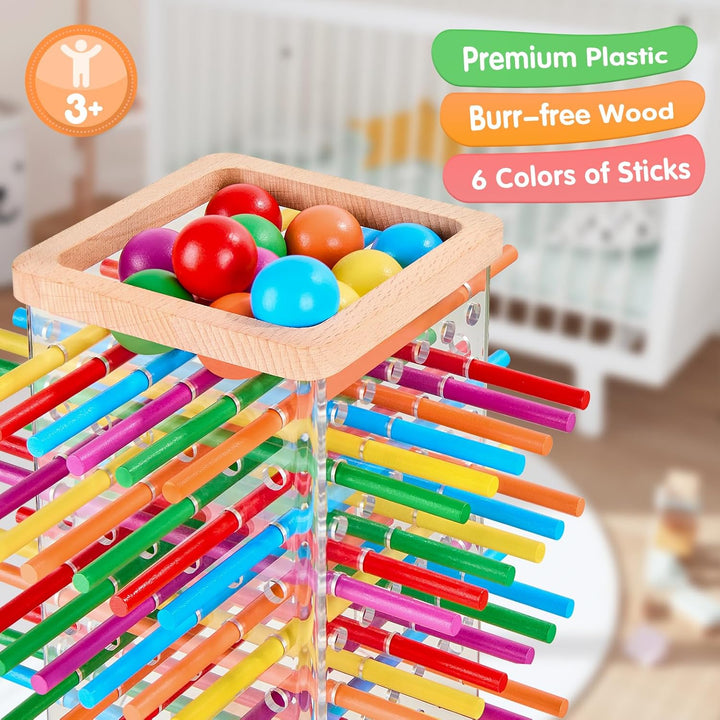 Montessori Spiel Brettspiel aus Holz, 48 Bunte Stäbchen Würfelspiel zur Feinmotorik & Mathe, Lernspi