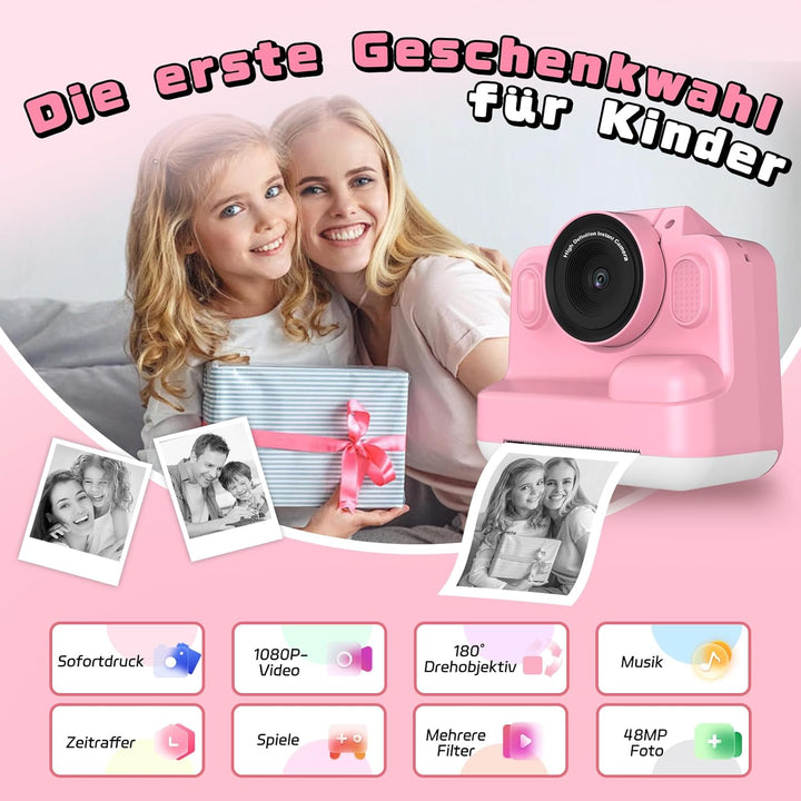 Sofortbildkamera Kinder, 1080P Kinderkamera Sofortbildkamera mit 180° Klappobjektiv, 2" Kinderkamera
