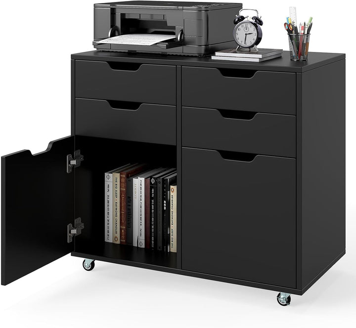 COSTWAY Rollcontainer mit 4 Schubladen und 2 Türen, Aktenschrank mit Rollen, Druckerständer, Bürosch