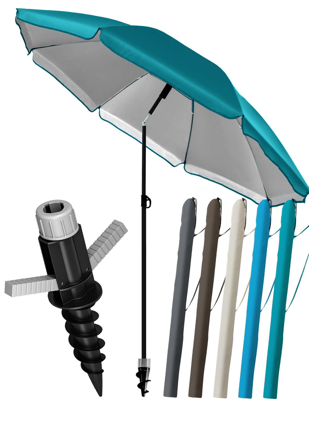 4smile Sonnenschirm Strand Ø 200 cm, 3-in-1 SET mit Bodenhülse, Türkis | UPF 50+ Strandschirm + Sonn