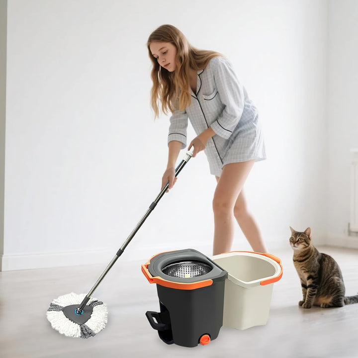 Wischmopp Set mit geteiltem Eimer & Fusspresse – Faltbarer Bodenwischer mit Auswringfunktion & 2-Kam
