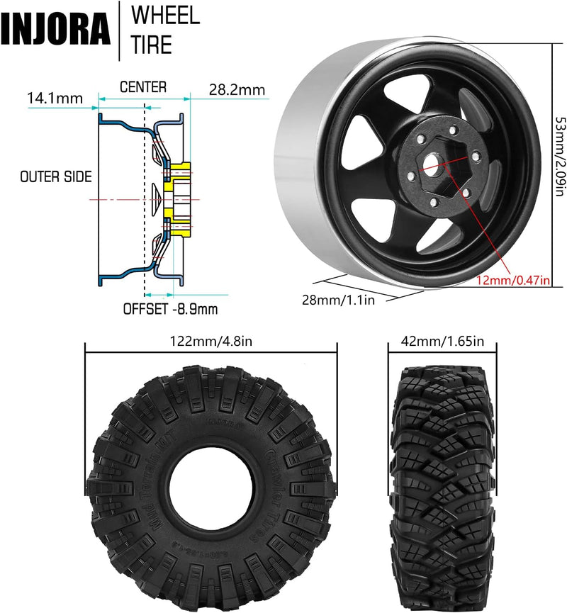 INJORA 1.9 Schlamm Reifen Sat Offset -8.9mm Beadlock Felge für 1/10 RC Crawler Auto Axial SCX10 9004