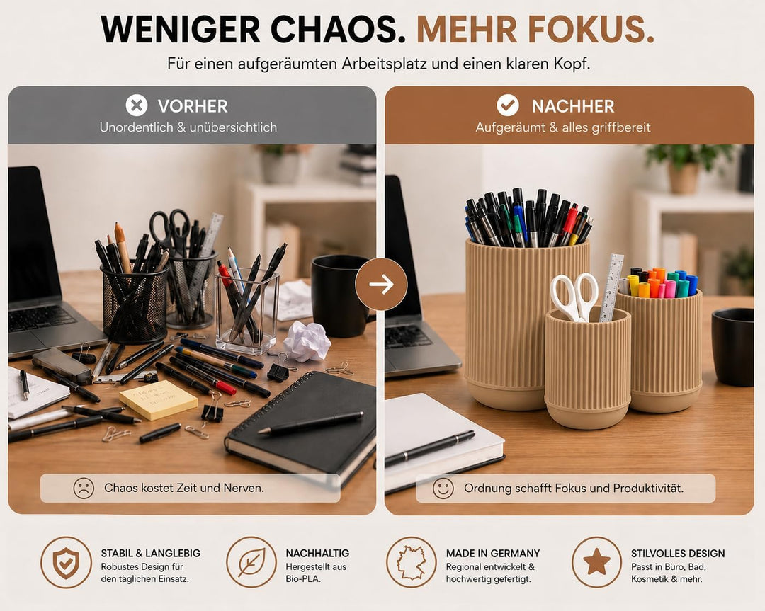 CABU Stiftehalter Beige 3er Set – Minimalistischer Schreibtisch Organizer – Multifunktionaler Stifte
