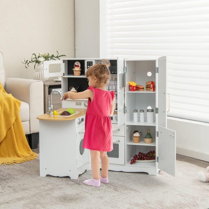 COSTWAY Kinderküche mit Zubehör, Eck Spielküche Holz inkl. Kühlschrank Wasserhahn Spüle Herd Telefon