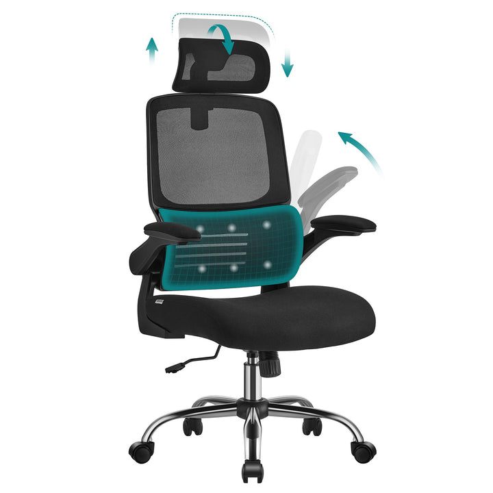SONGMICS Bürostuhl, Schreibtischstuhl, ergonomisch, klappbare Armlehnen, hohe Rückenlehne, Netzstuhl