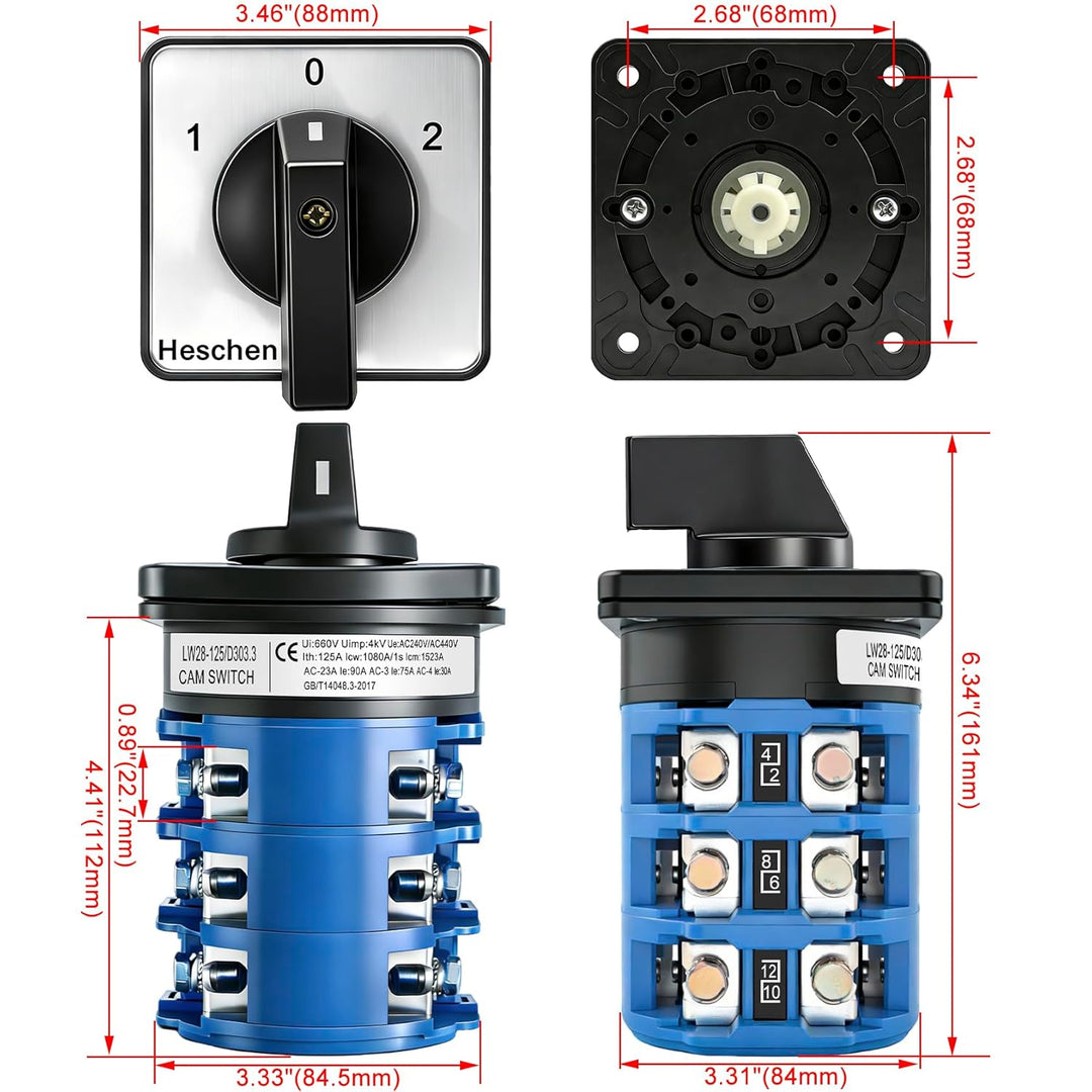Heschen Drehbarer Wechselschalter für Nockenschalter LW28-125/D303.3, 125A, 660V Wechselstrom, Ein/A