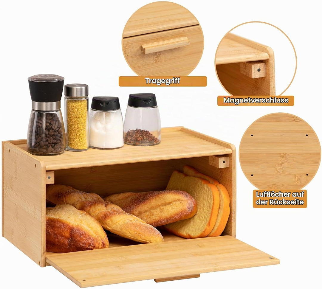 HollyHOME Natürlicher Rechteckiger Brotkasten aus Bambus mit Deckel | Brotaufbewahrungsbehälter Brot