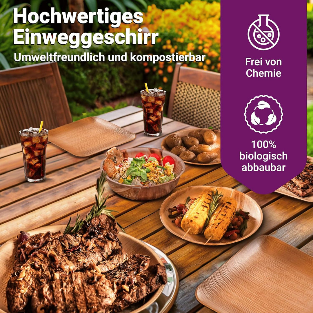 Waipur Bio Palmblatt Geschirr - 200 Teller eckig 23x23 cm - Premium Einweg Geschirr kompostierbar -