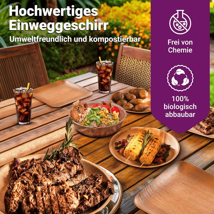 Waipur Bio Palmblattteller - 25 Teller klein eckig 15x15 cm - Premium Einweggeschirr kompostierbar -