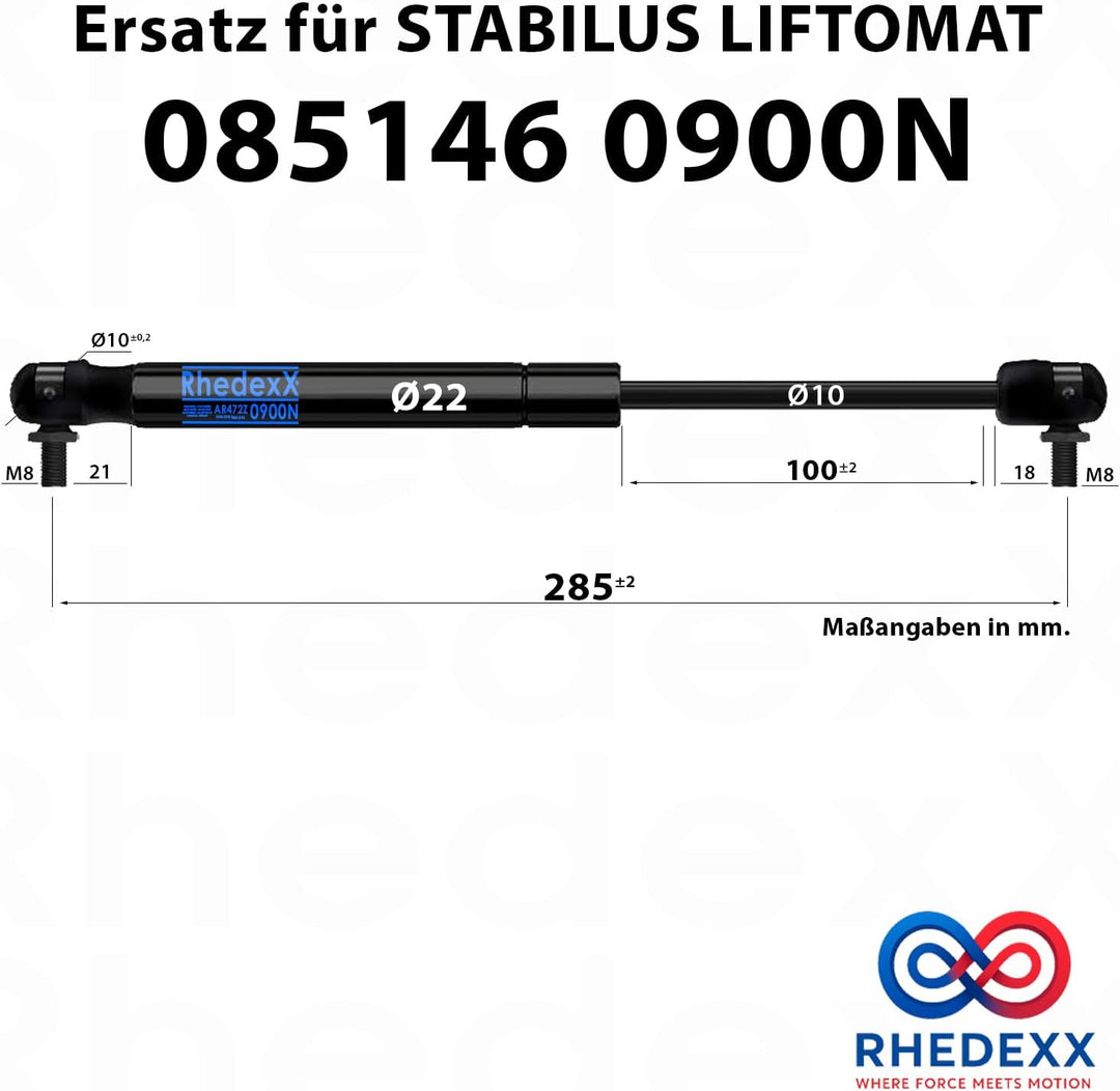 Gasdruckfeder RhedexX® Ersatz für Stabilus Lift-O-Mat 085146 0900N Gasdruckdämpfer mit M8 Winkelgele