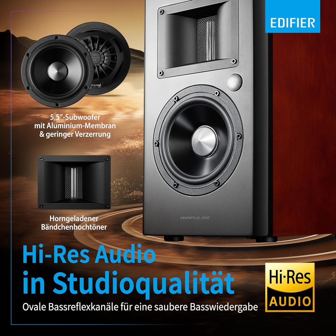 EDIFIER AIRPULSE A200 - 2.0 Studiomonitore (130W) mit Bluetooth V5.0 (aptX), Bändchen-Hornhochtöner