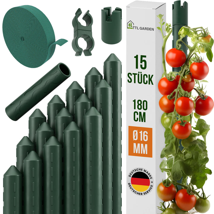 TTL GARDEN Rankstäbe 15er Set 180cm x 16mm Ø grün extra stabil 16 mm Rankhilfe Pflanzstäbe + Klettba