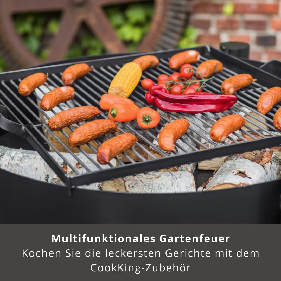 CookKing Stahl Feuerschale Montana | Ø 88x45 cm, Schwarz, Inkl. Holzlager | Robust & Windgeschützt |