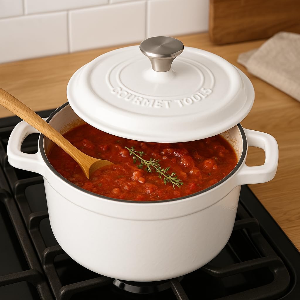 Runder Kochtopf aus Gusseisen mit glasierter Keramikbeschichtung, Cocotte mit Deckel. Gourmet Tools