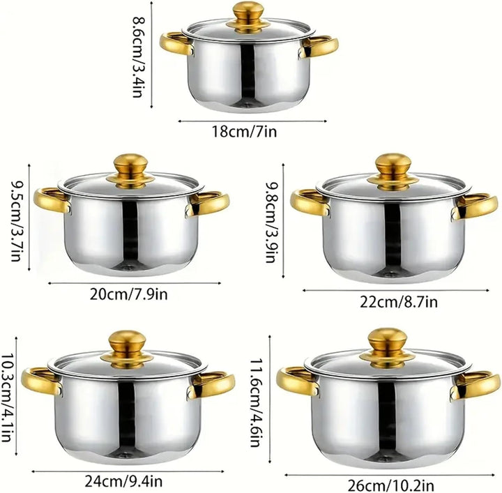 Topfset Kochtopf Set mit Glasdeckel Edelstahltöpfe 5 Töpfe mit 5 Deckeln Doppelgriff Topf für Zuhaus