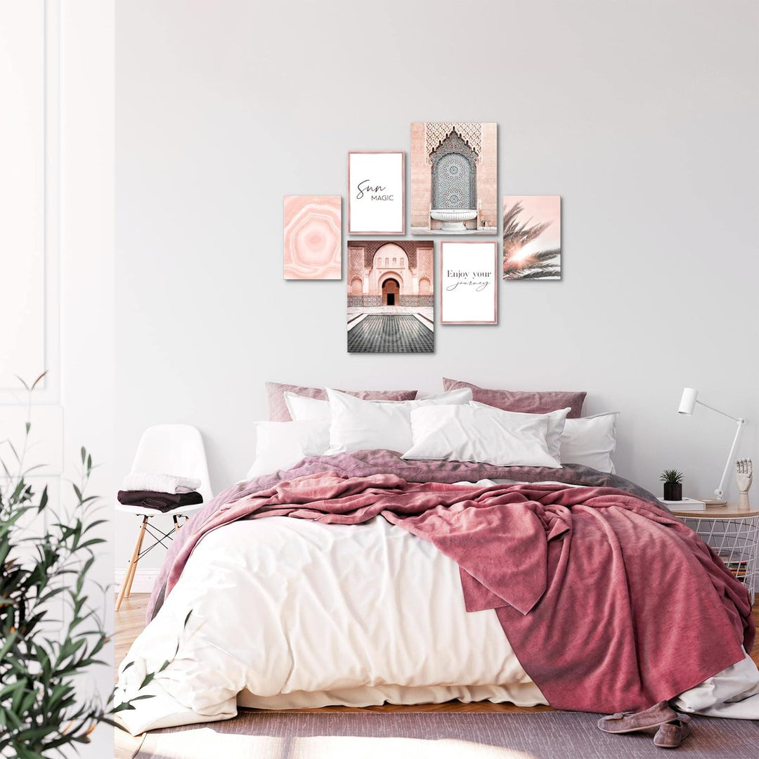Novart Bilder Set - AUFHÄNGFERTIG - KEIN EXTRA RAHMEN BENÖTIGT - Oriental Marokko Palme Modern Rosa