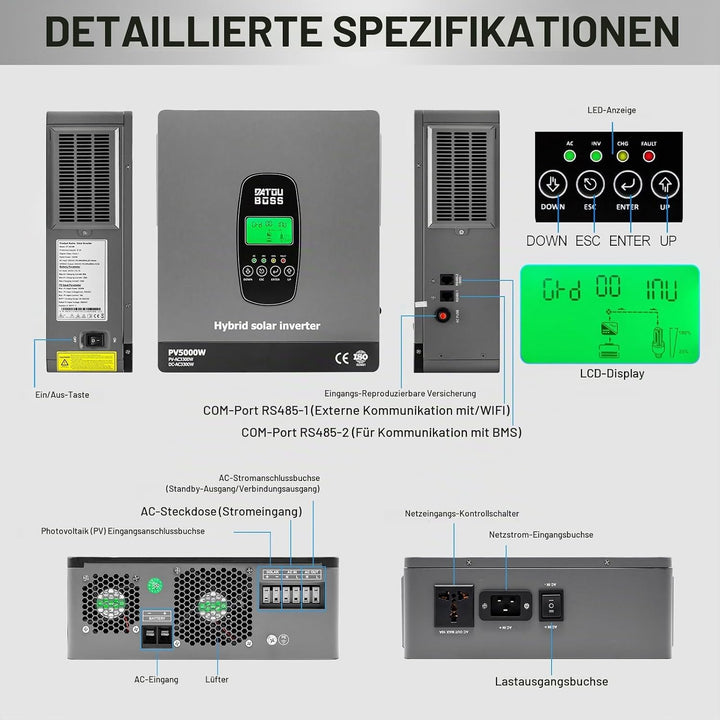 DATOUBOSS 3300W Hybrid Solar Wechselrichter 24V Reiner Sinus, 24V DC auf 230V AC Inverter mit MPPT L