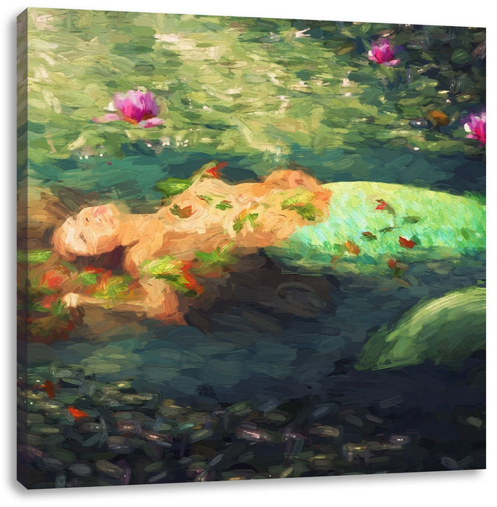 Pixxprint Schöne Meerjungfrau im Wasser liegend Pinsel Effekt, Format: 70x70 auf Leinwand, 70x70