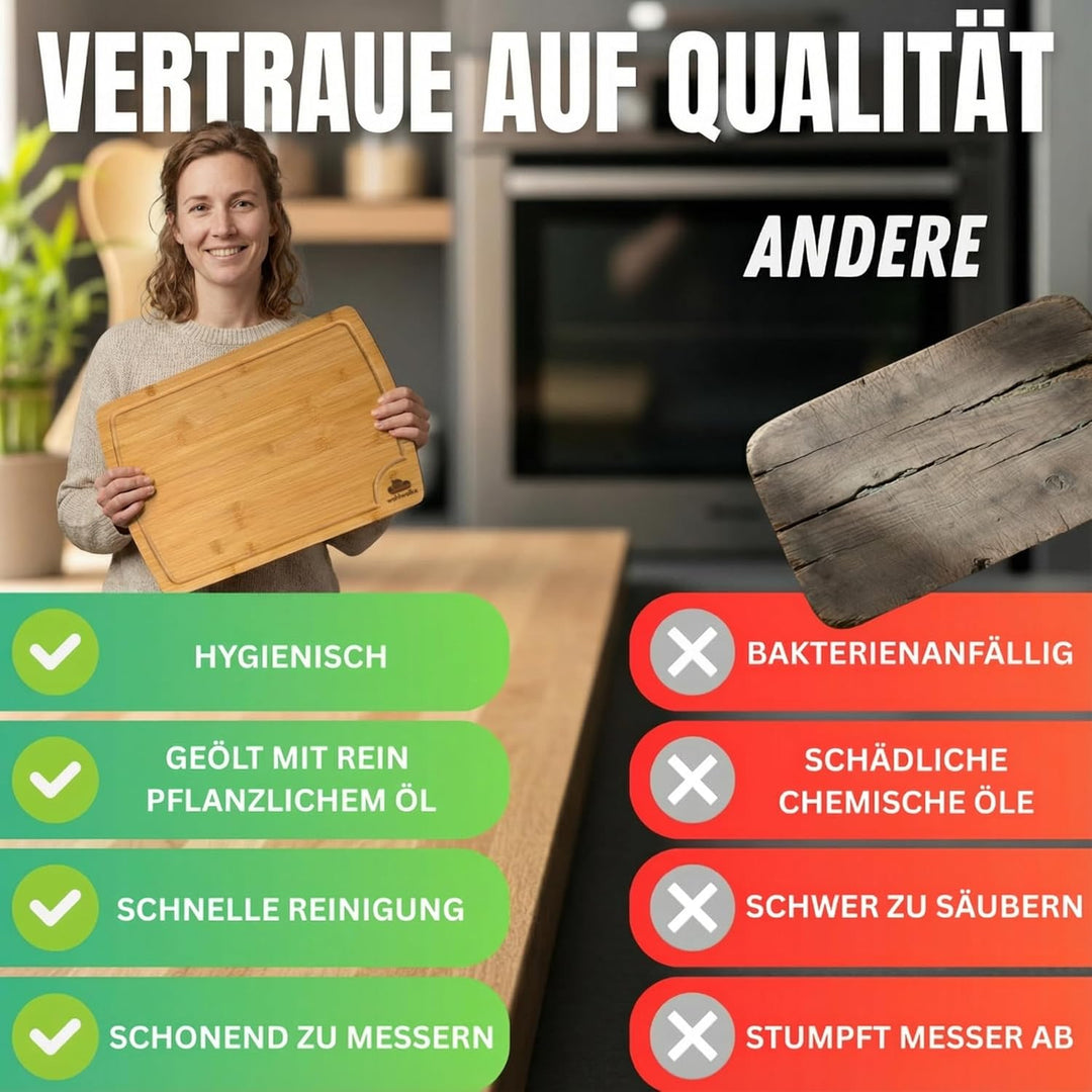 WOHLWOLKE Schneidebrett Holz 4er Set | Bambus Schneidebretter mit Saftrille & Seitengriff | Holzbret
