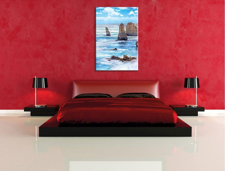 Pixxprint Meer klippe küste Sonnenaufgang Steine Strand, Format: 100x70 auf Leinwand, XXL riesige Bi