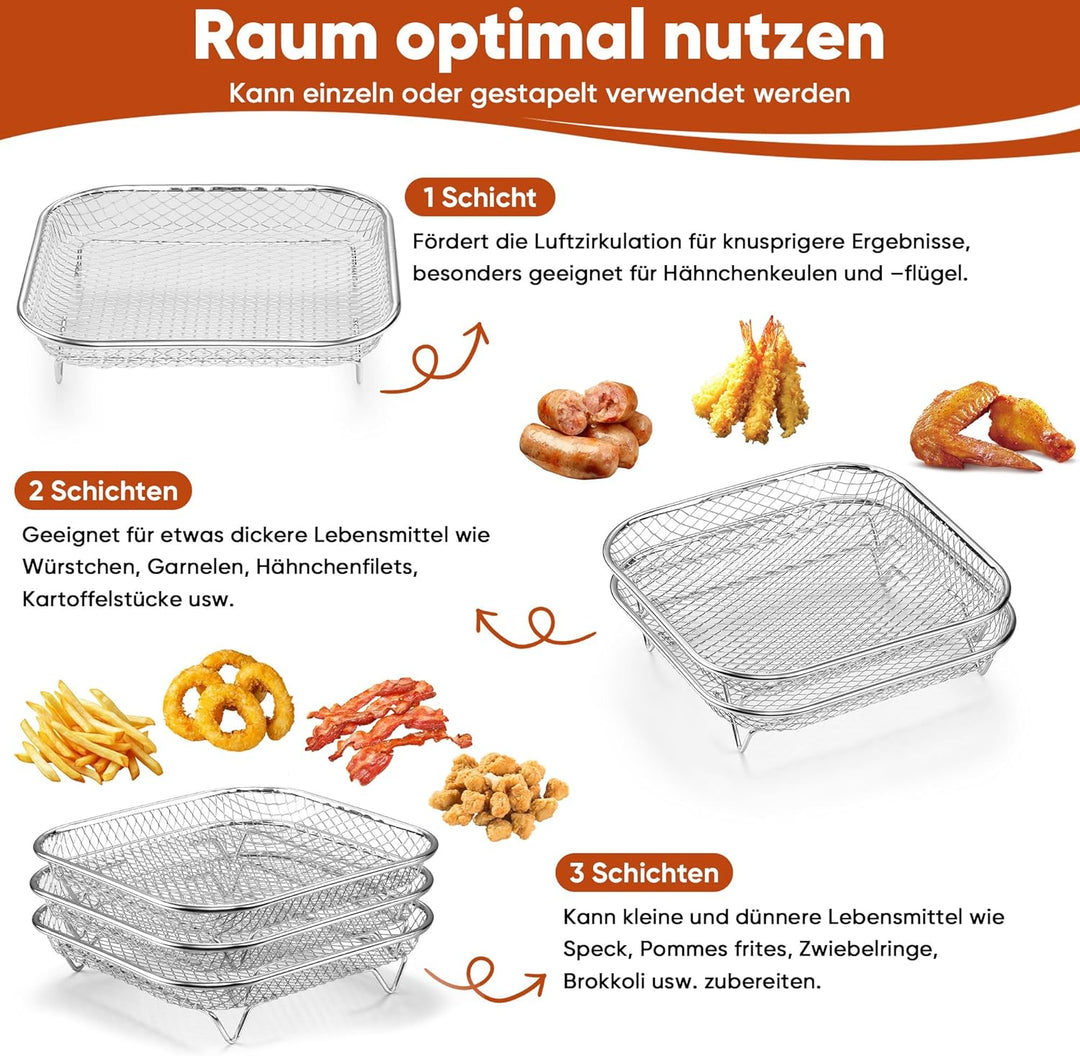 Onader Heissluftfritteuse Zubehör, 3-tlg Edelstahl Eckig Frittierkorb Grillrost für Airfryer, Airfry