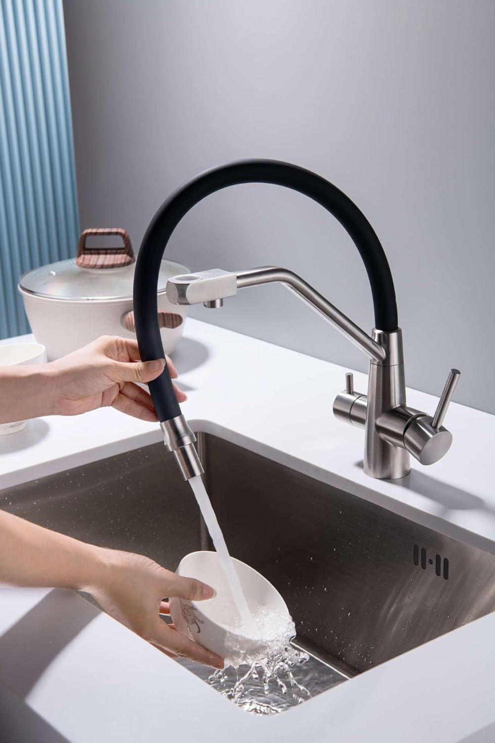 3 Wege Wasserhahn Küche, Küchenarmatur Ausziehbar Trinkwasserhahn, 3 in 1 Mischbatterie für Wasserfi